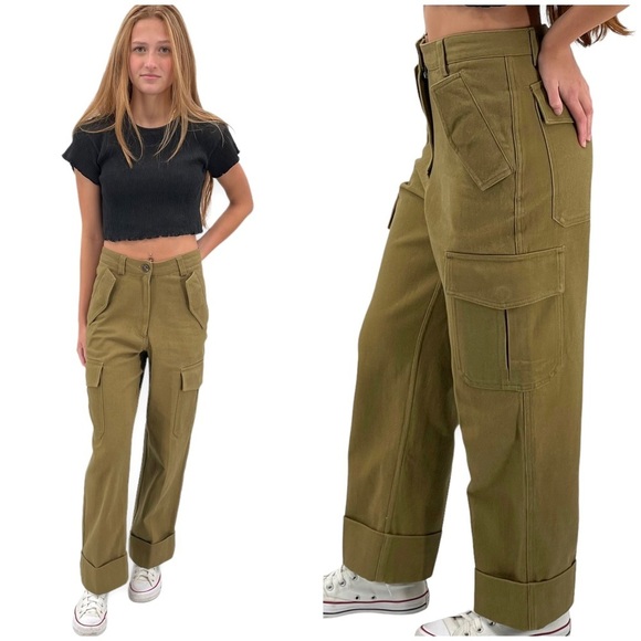 H&M Cargo Pants Ankle Length Thick Cotton Twill Dark Khaki Green | 0 25" Waist - Picture 1 of 16